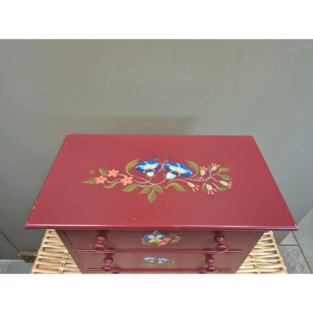 Rosemaling Style Hand Painted Floral 3 Drawer Wood Chest Folk Art Nordic Decor